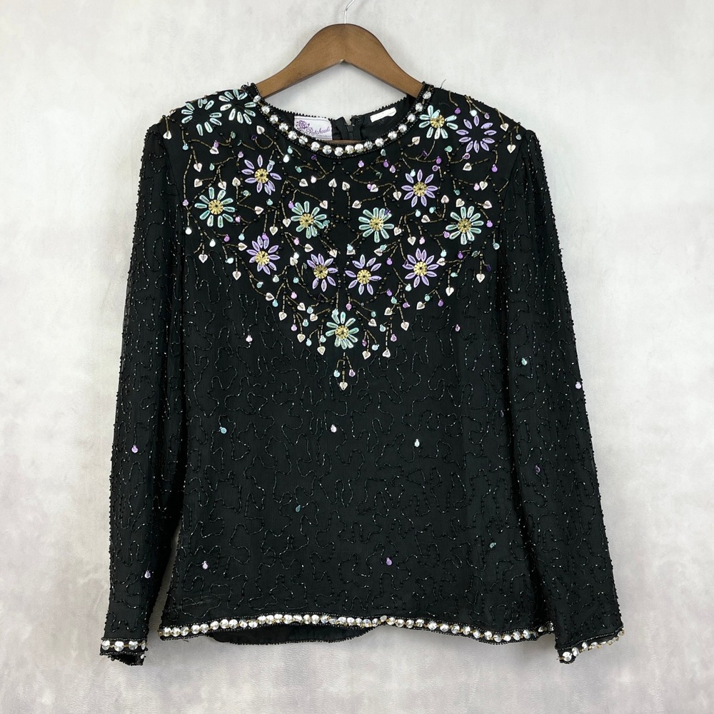 Patchouli Womens Beaded Top‎ XL Glam Art Deco Evening Dressy Statement Partywear